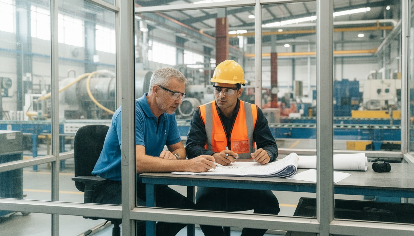 Coaching an employee on the manufacturing floor.