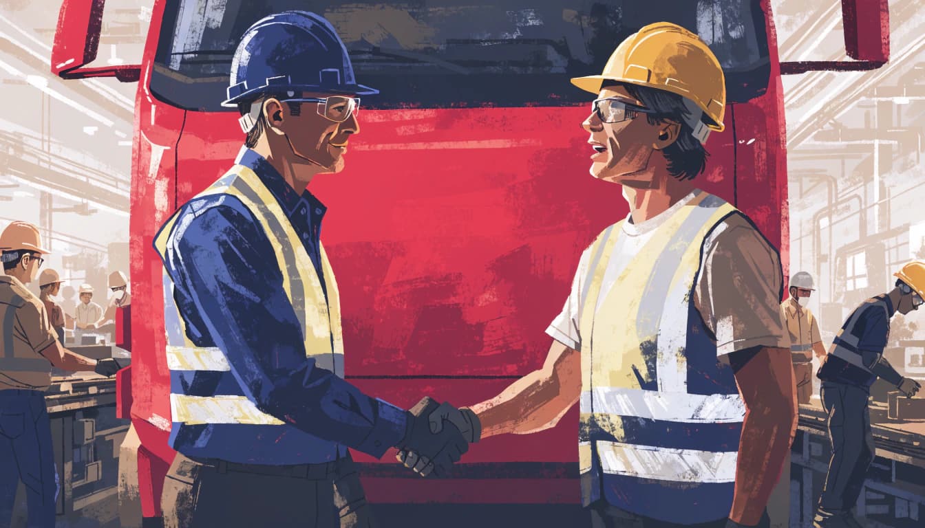Illustration of an industrial manager and factory worker shaking hands in front of a new truck, symbolising the power of relationships in driving operational change