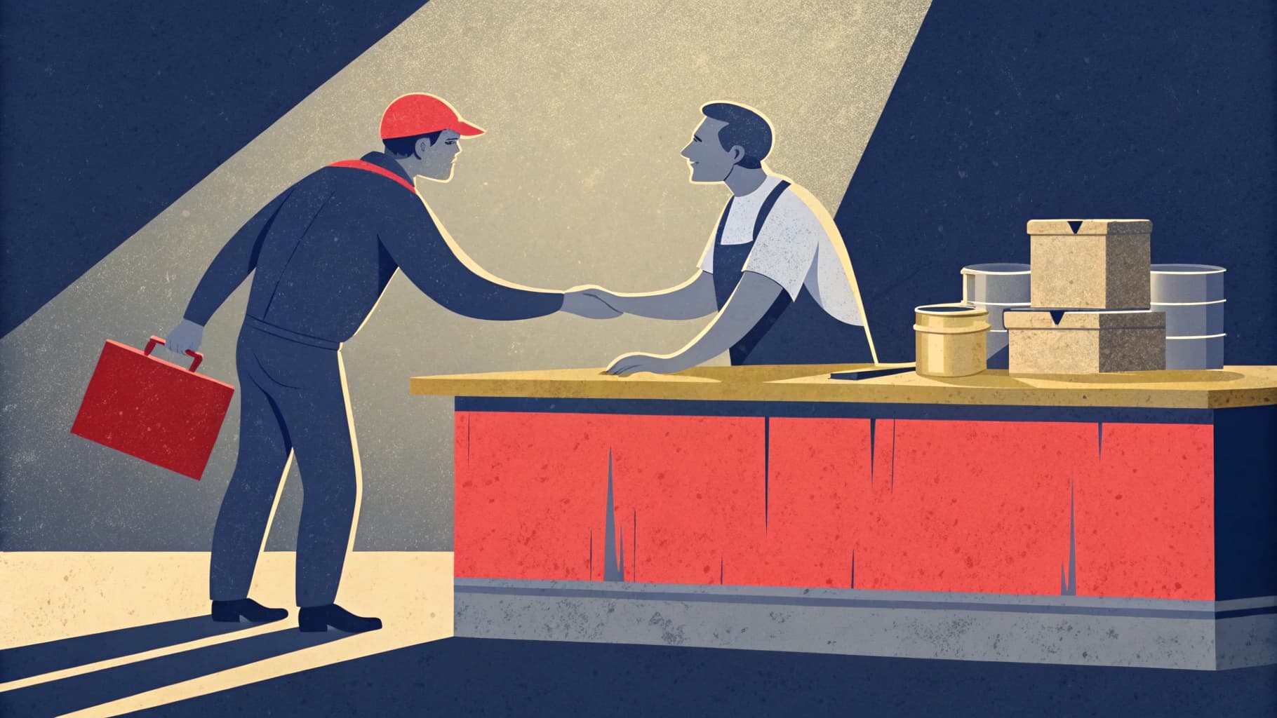 Salesperson in conversation with a customer across a trade counter. The Margin Builders — Stop Sending Decks.