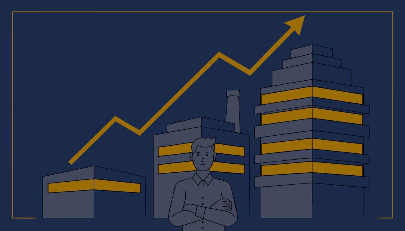 A confident operator stands in front of three industrial buildings representing successive businesses, with an upward growth line connecting them. The Margin Builders — Philip Uglow's journey from construction to multiple successful exits.