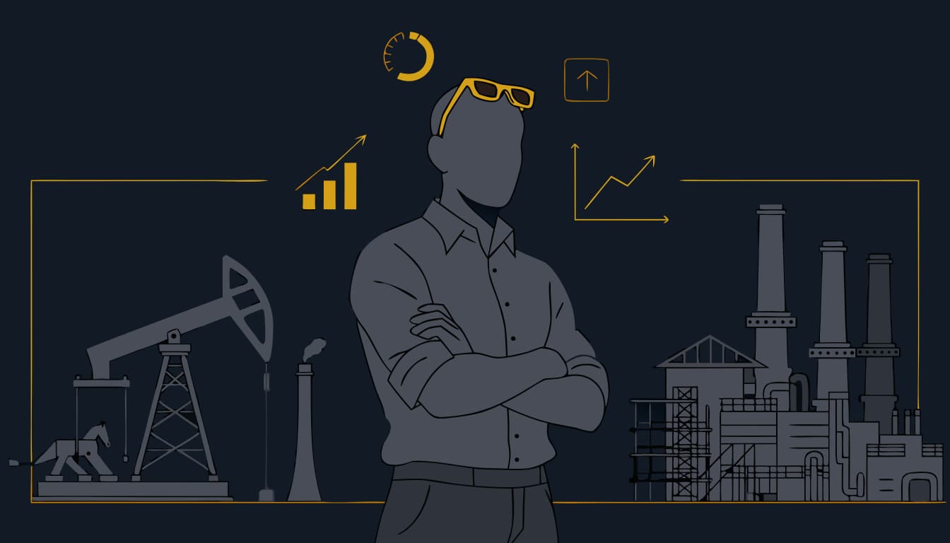 An operator with reading glasses pushed up on his forehead stands in front of silhouettes of an oil pumpjack and a manufacturing facility, with floating performance dashboard elements above. The Margin Builders — Philip Uglow's transition into performance consulting.