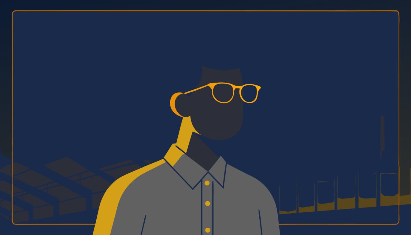 A thoughtful operator with reading glasses pushed up on his forehead, shown against a layered background that gradates from industrial structures below to a boardroom setting above. The Margin Builders — introducing Philip Uglow.