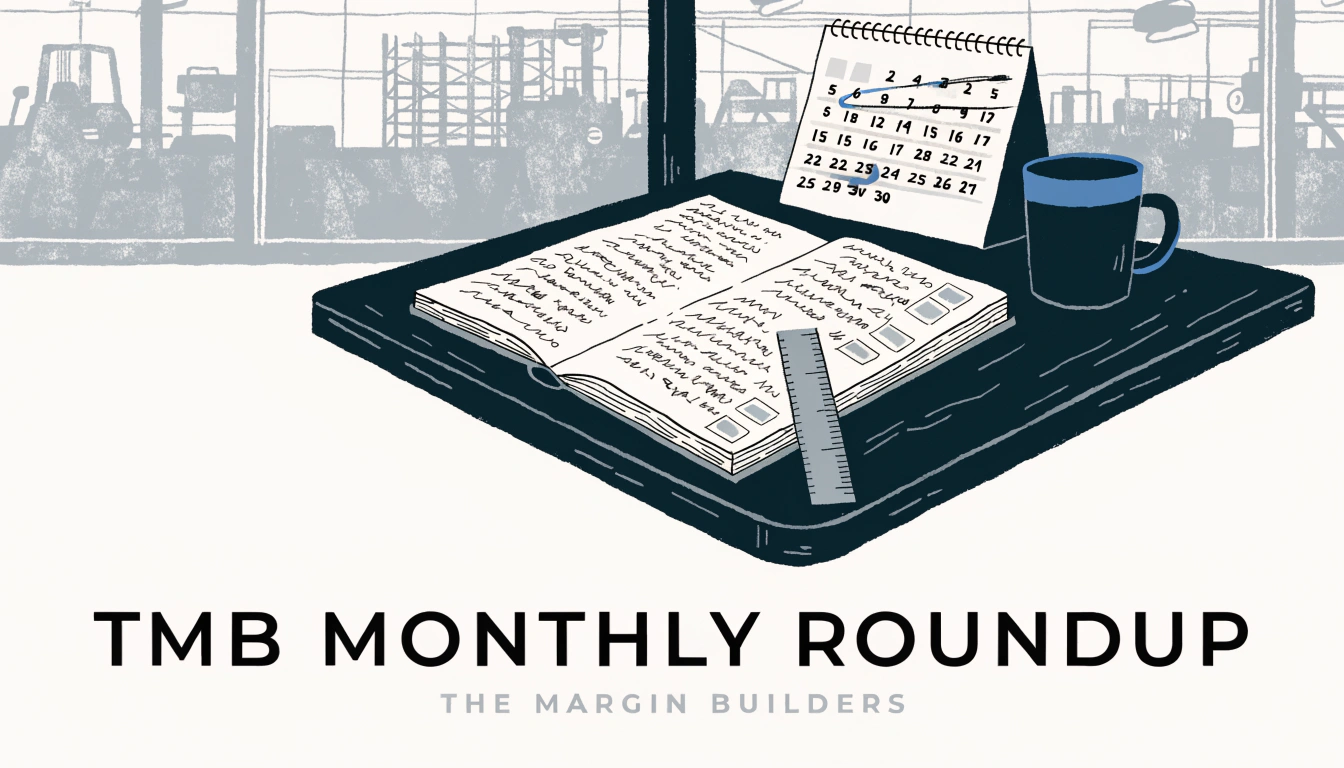 Series cover for TMB Monthly Roundup — a plant manager's desk with an open notebook, coffee mug, and calendar, industrial shop floor visible through a window behind it. Text reads "TMB Monthly Roundup / The Margin Builders."