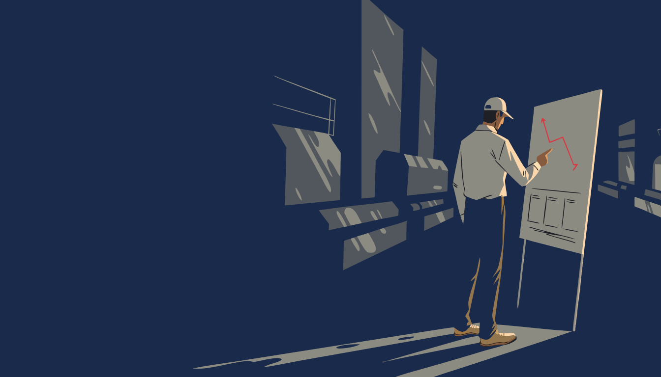 Flat-vector illustration of a foreman pointing at a downward-trending line graph on a whiteboard in a manufacturing facility. The Margin Builders — One Metric. One Action. Who Does What By When., July 14, 2026.