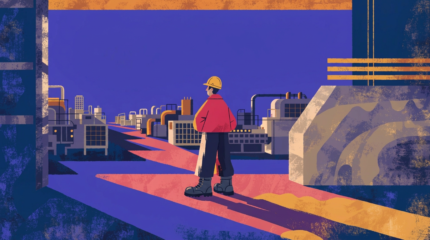 The Margin Builders — You Don't Think Your Way to Better Operations, July 2026.* ---Editorial illustration in flat vector style. Deep navy (#1a2a4a) background dominant, red (#d73a42) as the single bright accent, muted greys and warm metallic tones. Strong directional light, soft grain texture. Significant negative space. No text, no legible faces. 16:9 aspect ratio.