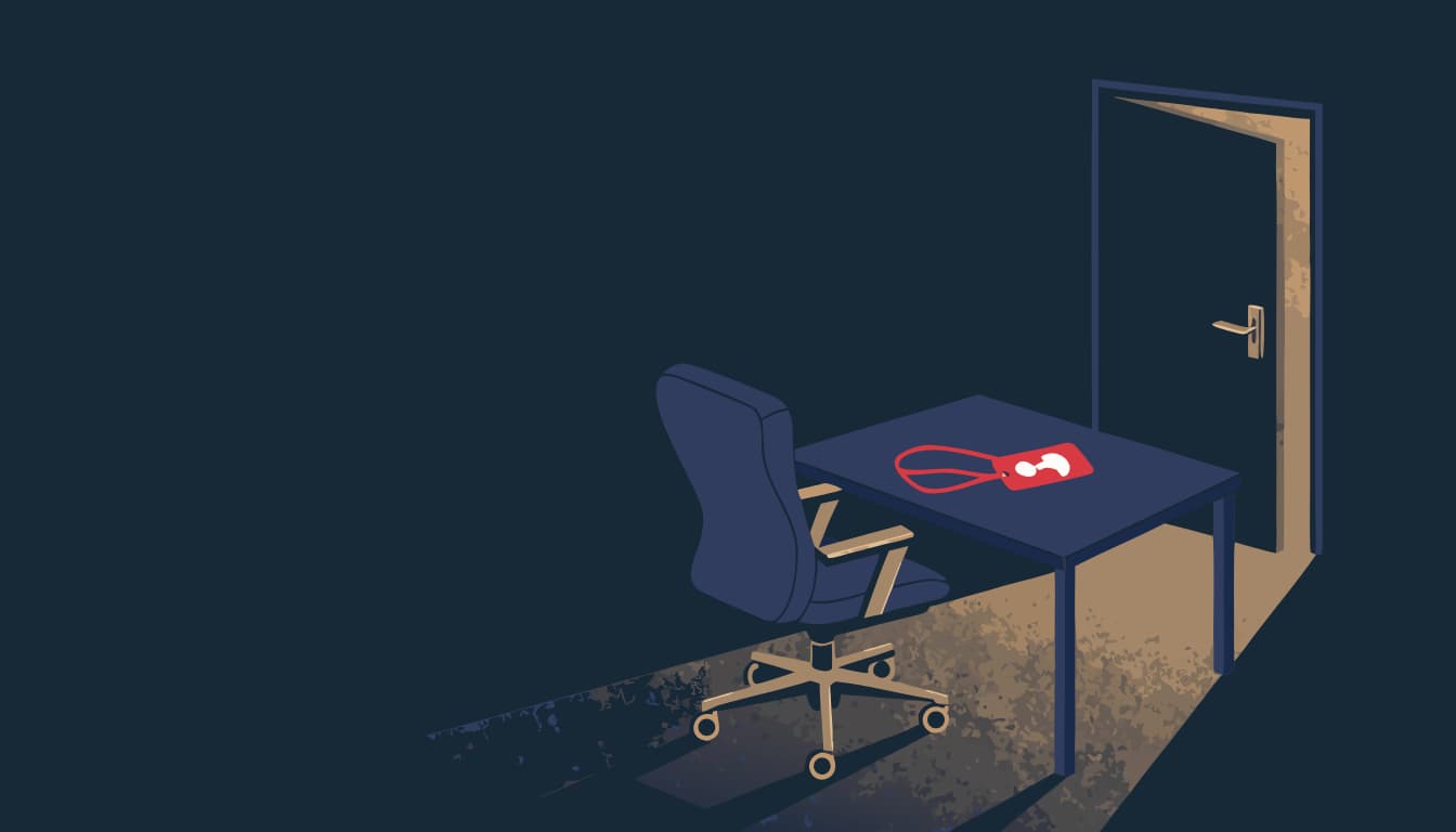 Empty office chair and cleared desk with a single red employee badge left behind. The Margin Builders — Firing Anna's Abuser on the Spot, July 2026. 