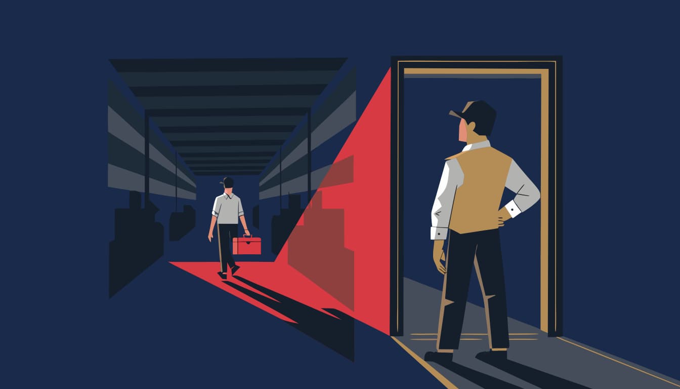 Flat-vector illustration of an owner watching a departing employee carry a red toolbox down a plant corridor. The Margin Builders — You Don't Have a Hiring Problem, August 2026