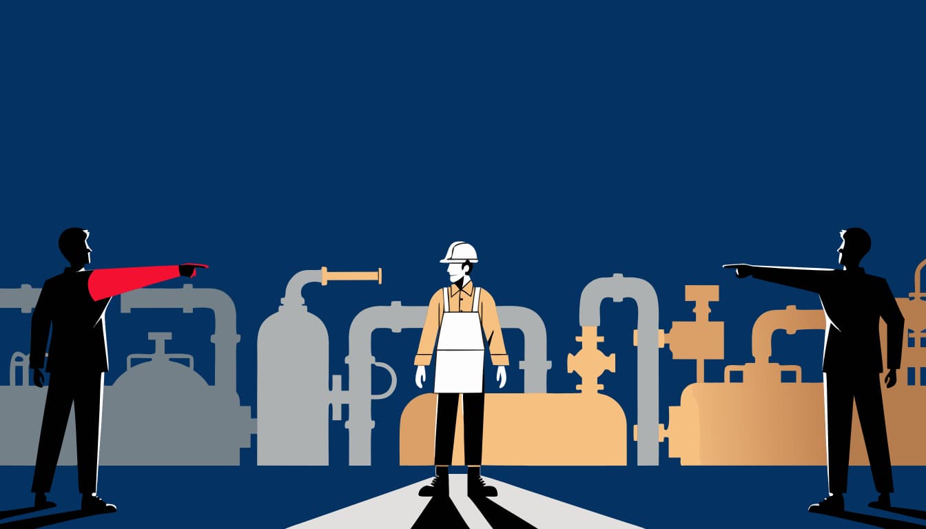 Flat-vector illustration of a plant worker standing between two managers pointing in opposite directions on a dark navy shop floor. The Margin Builders — Role Ambiguity: The Number 1 Stressor on Your Floor, August 2026. ---