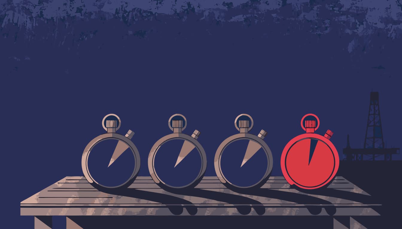 Flat-vector illustration of four stopwatches on a dark navy background, three in muted grey and one in red, each showing a different elapsed time. The Margin Builders — Four Crews, Same Job article, August 2026. ---