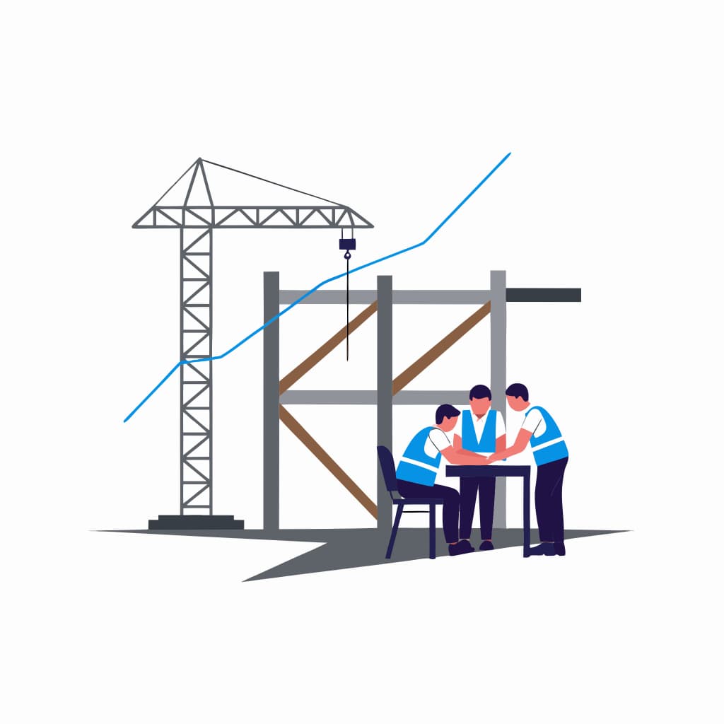 Construction site with crane and crew reviewing plans