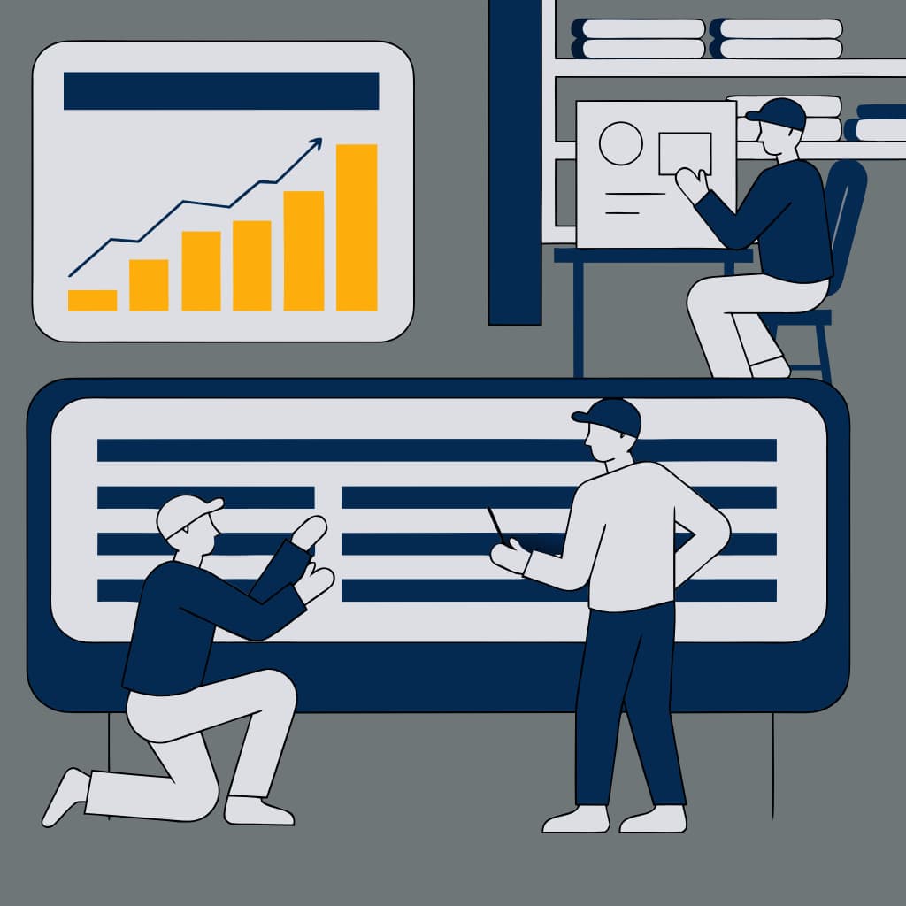 Illustration of a Sign manufacturing workshop with rising performance chart