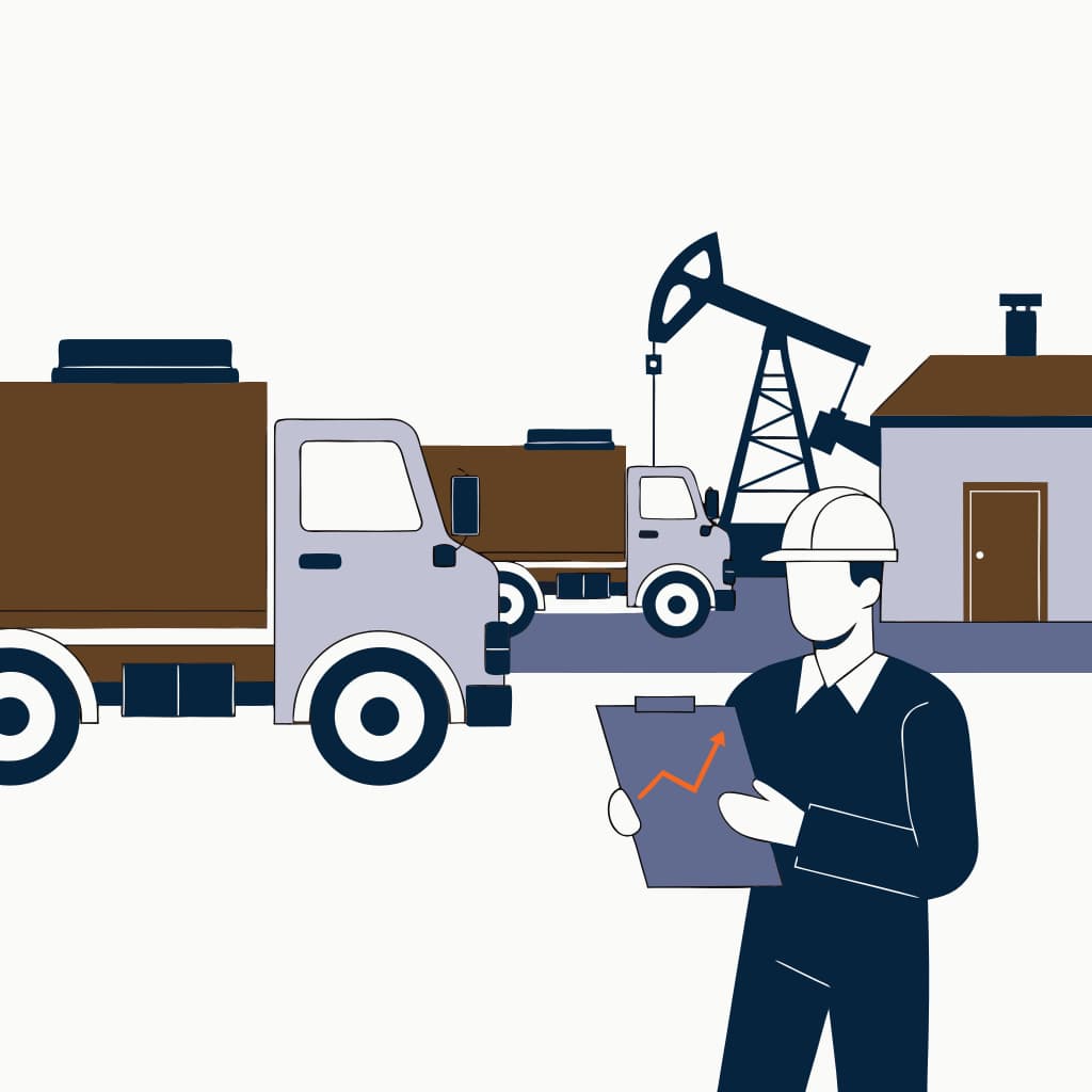 Illustration of an oilfield service yard — service trucks, a shop building, and a pumpjack — where a foreman reviews a clipboard showing a rising chart