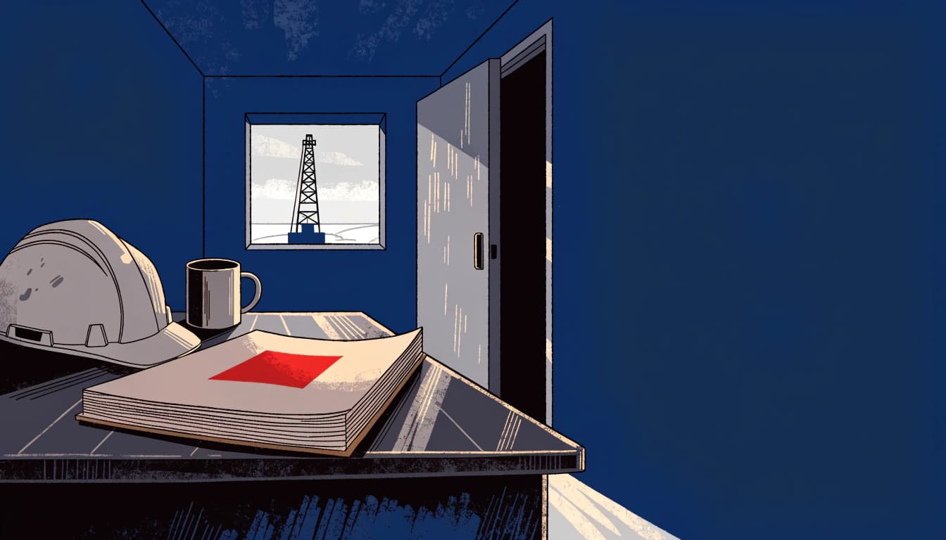 Flat-vector illustration of a report stamped CONFIDENTIAL lying open on a rig manager's desk, office door ajar, arctic light through the window. The Margin Builders — The $25 Hat That Got a $100,000 Job Done, August 2026.