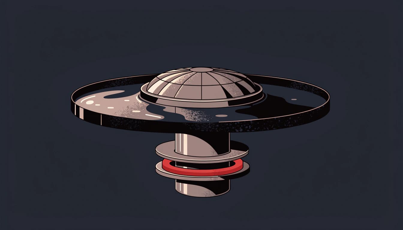 Flat-vector illustration of a commercial roof drain with a raised strainer dome and a red rubber gasket seal on a dark navy background. The Margin Builders — Delete Before You Automate, August 2026.