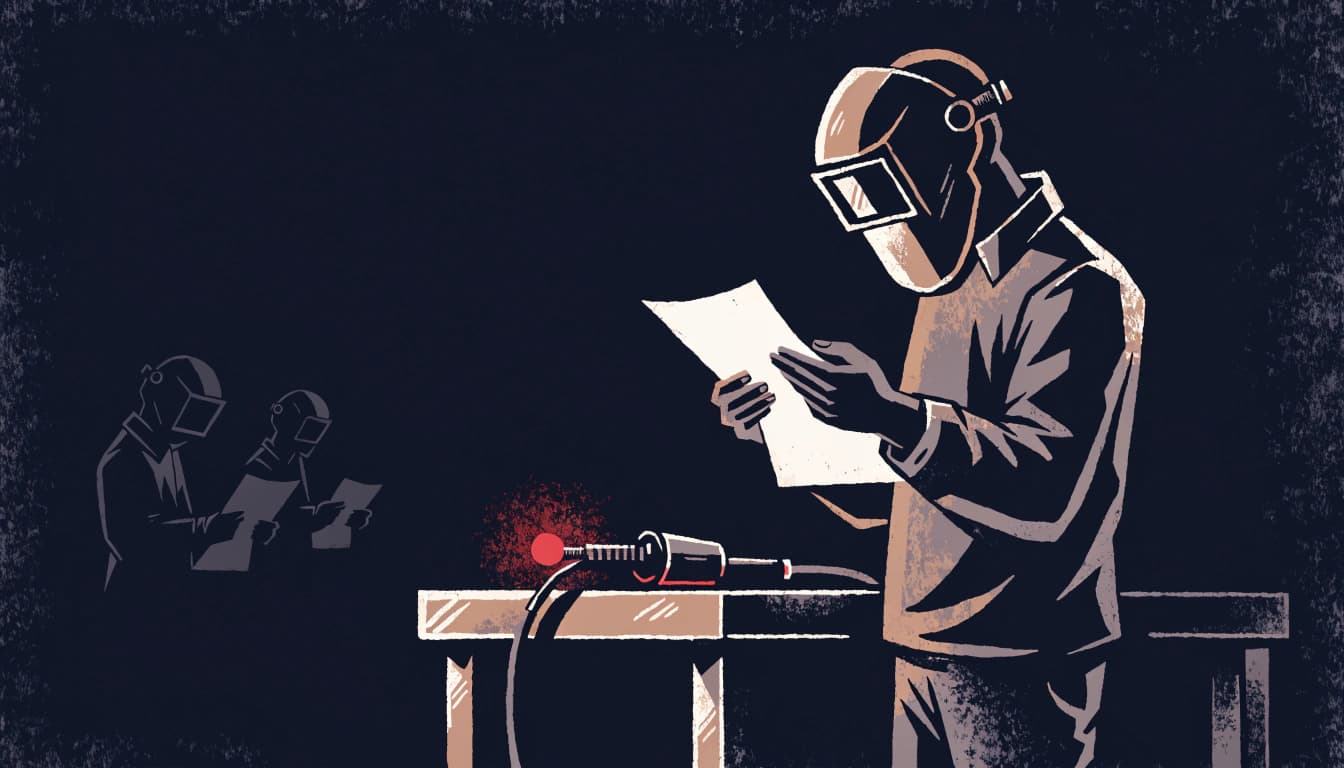 Flat-vector illustration of a welder in a dark navy workshop reading a sheet of paper at his workbench, welding helmet pushed up, red accent light. The Margin Builders — Hold People Accountable article, August 2026.