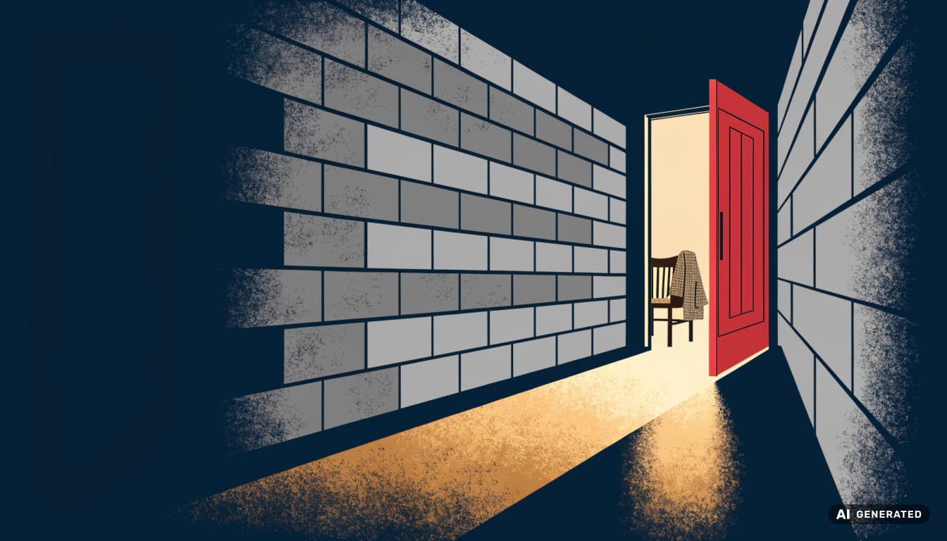 Flat-vector illustration of an office door standing open in a dark block-wall university hallway, warm light spilling across the floor, a tweed jacket visible on a chair inside, red accent on the door. The Margin Builders — The One-Armed Philosophy Professor Who Changed How I Lead article, September 2026. ---
