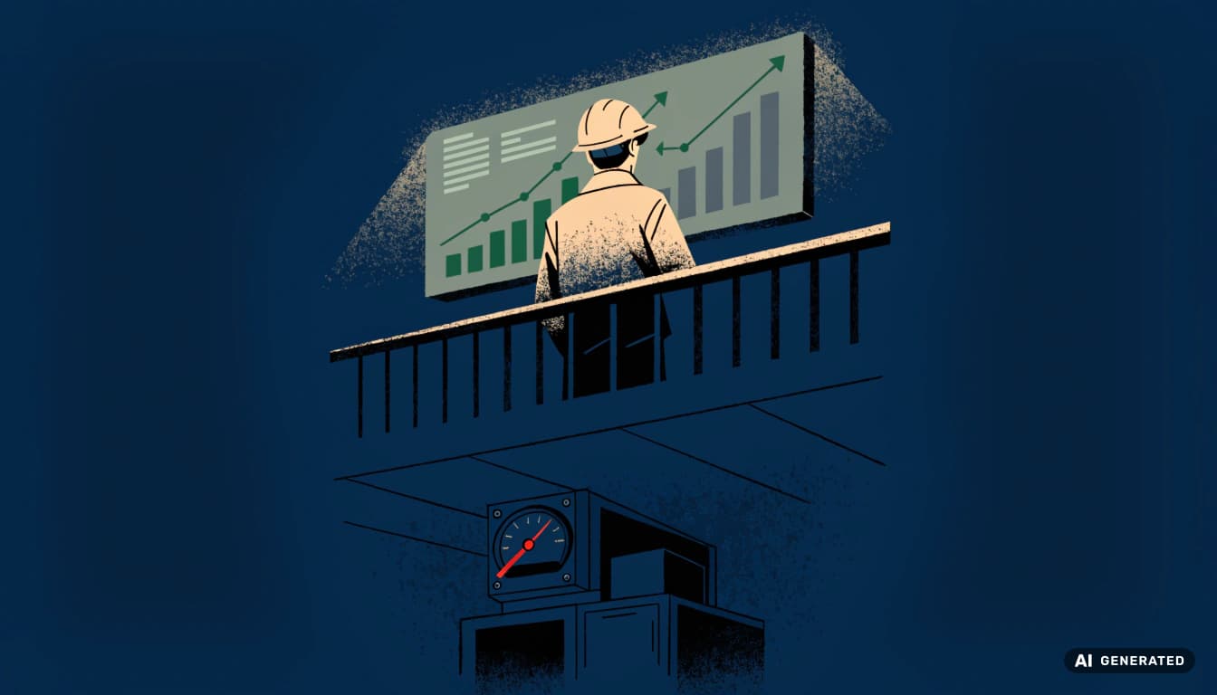 Flat-vector illustration of a plant manager standing with his back to a wall-mounted dashboard of rising green charts, looking down at a shop floor where a machine sits idle, one red gauge needle pinned at maximum. The Margin Builders — Goodhart's Law: When the Target Eats the Measure article, September 2026. ---