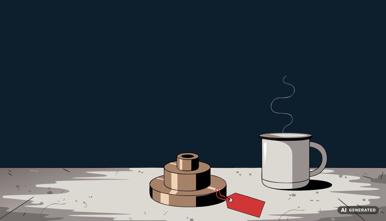 Flat-vector illustration of a small machined metal part resting on a workbench beside a coffee mug, with a red price tag hanging from it. The Margin Builders — What Do You Use It For? article, September 2026.