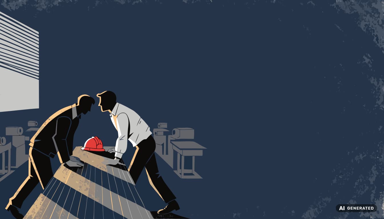Flat-vector illustration of a foreman and a plant manager leaning across a steel workbench in a shop, mid-argument, a red hard hat set down between them. The Margin Builders — Teams That Argue Hard Win article, September 2026.