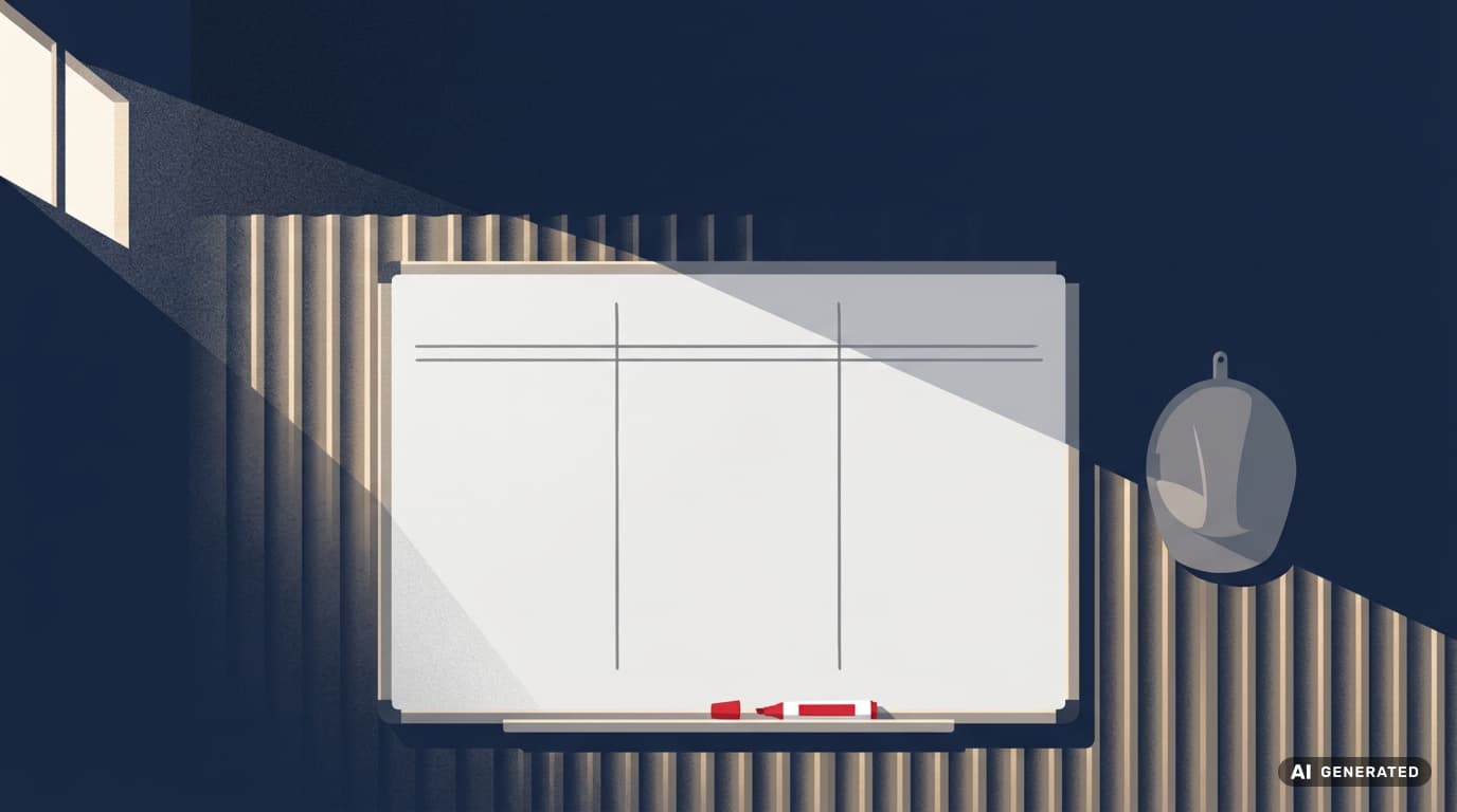 Flat-vector illustration of a whiteboard on a shop wall with three empty columns drawn on it, a single red marker resting in the tray below. The Margin Builders — Make Everyone Responsible and No One Is article, September 2026.  ---