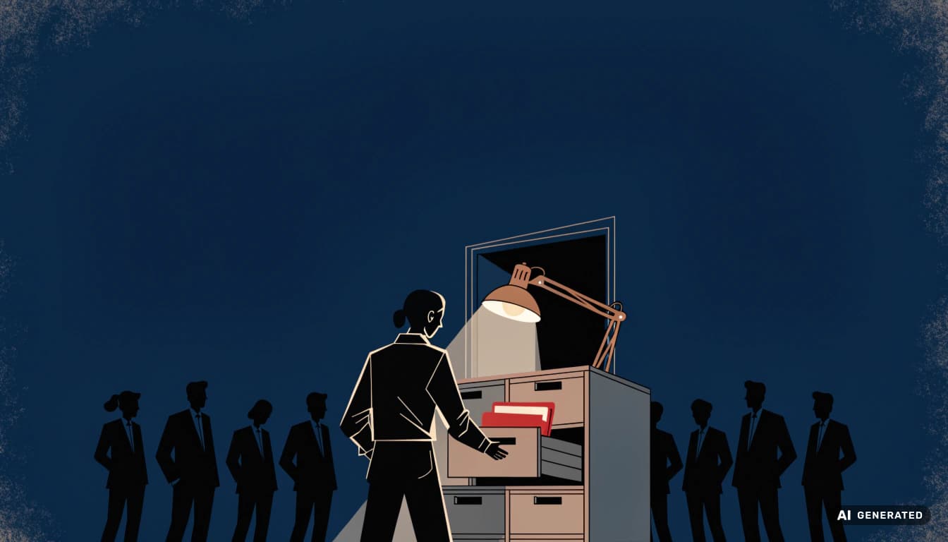 Illustration of a business owner pulling a red-tabbed file from a cabinet while workers watch from the doorway behind him. The Margin Builders — The Ostrich Effect: What Avoiding Bad News Has Cost Me, October 2026.  ---