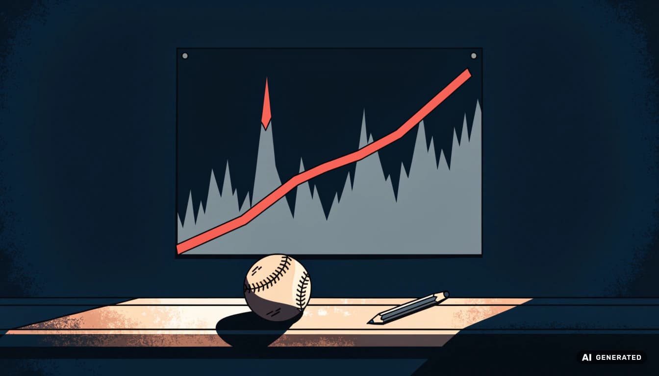 ation of a chart pinned to a plant-office wall showing a jagged grey daily line with one spike and a smooth red trend line through it, with a baseball and pencil on the ledge below. The Margin Builders — Am I Good or Am I Bad? Read Trends, Not Days, October 2026.